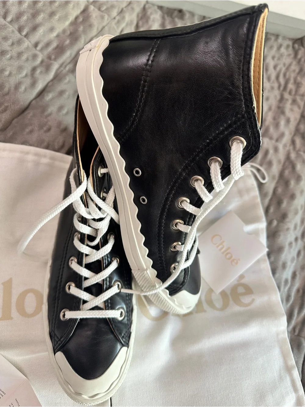 RARE NIB Chloé Black Lambskin Leather High-Top Sneakers with scalloped sole